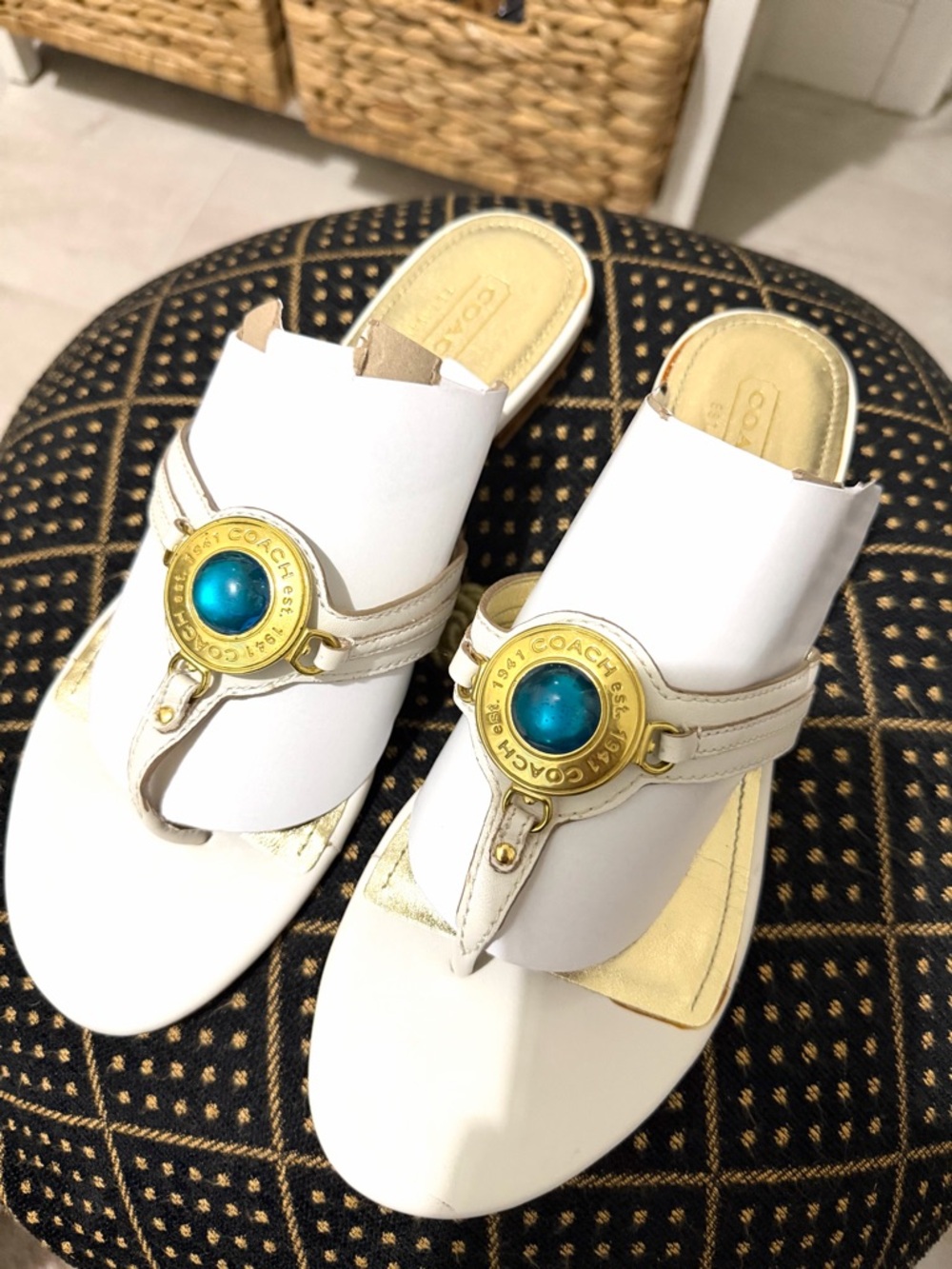 Coach White Leather Sandals with Gold Medallion and Blue Cabochon - Picture 8 of 11